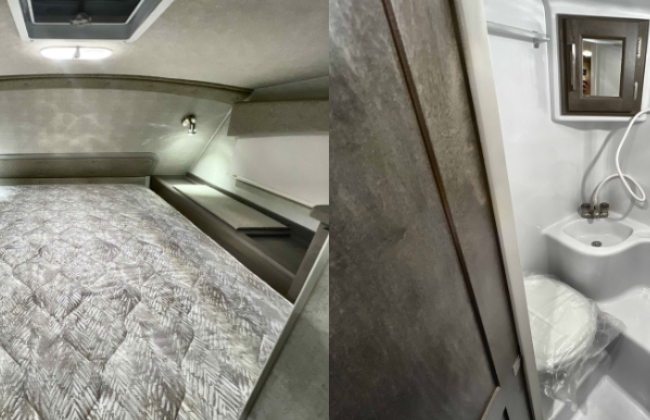 Split view of the bedroom and the bathroom inside the Bigfoot truck camper.