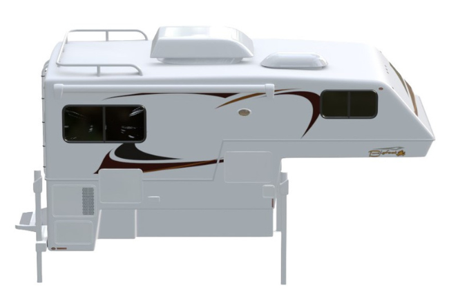 A white truck camper topper with brown and black swoosh designs on the side, featuring windows and roof vents.