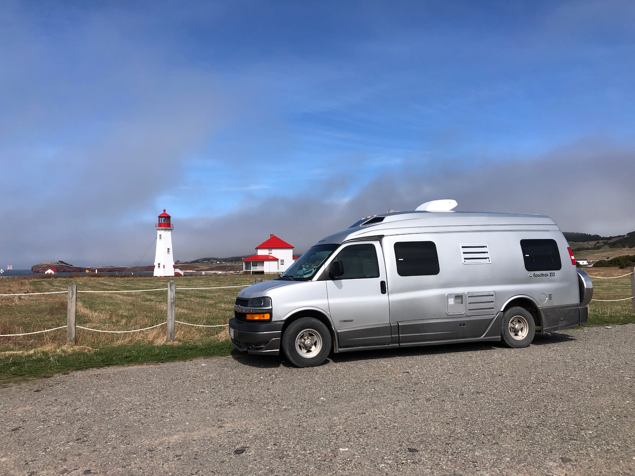 A silver camper van is parked near a red and white lighthouse on grassy land, with blue sky and wispy clouds overhead on Îles de la Madeleine.
