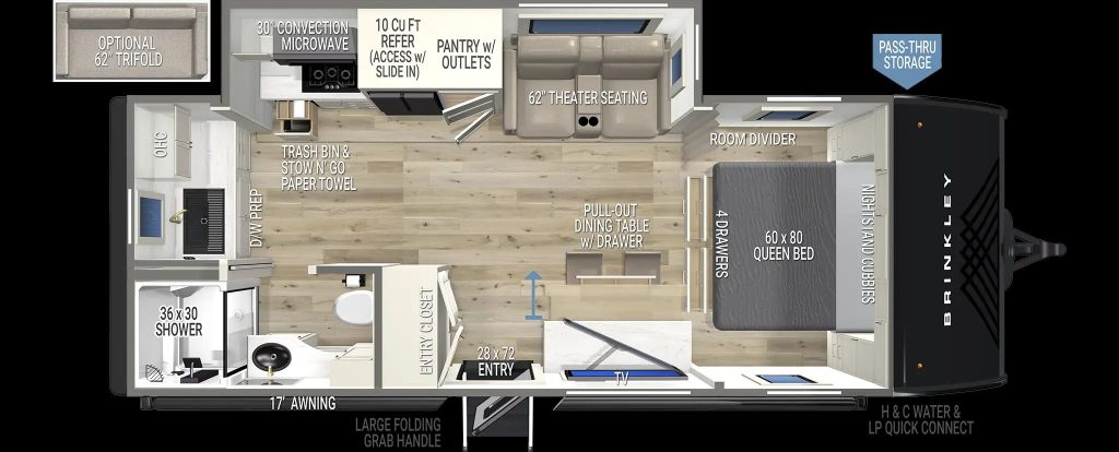 Top view of the Brinkley Model Ix travel trailer floorplan. 