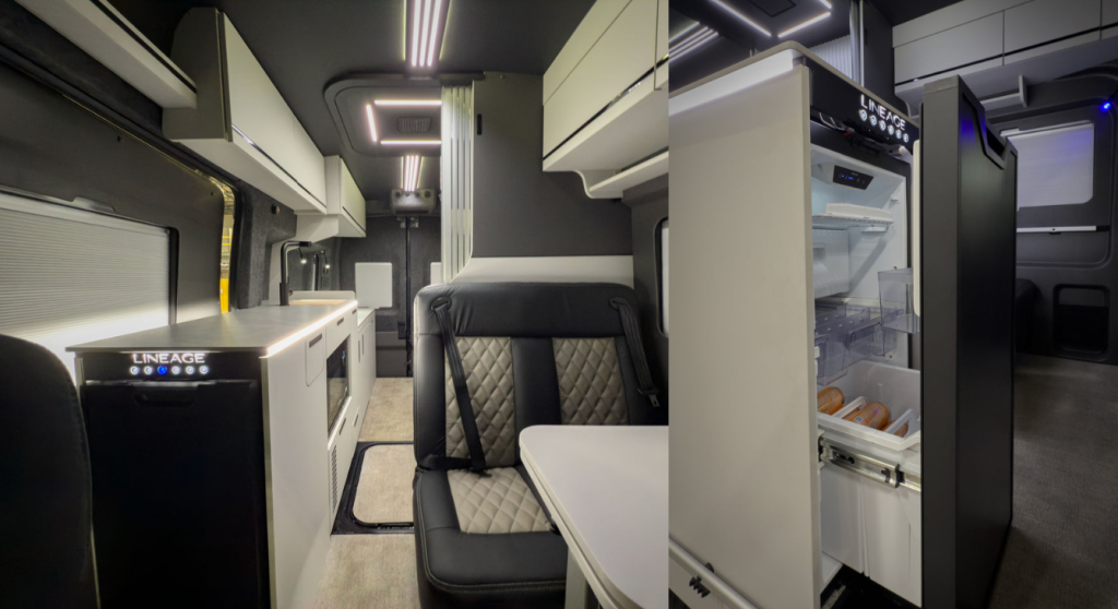 The interior of the 2026 Grand Design Lineage Series VT has a compact fridge, dinette and lots of storage space.
