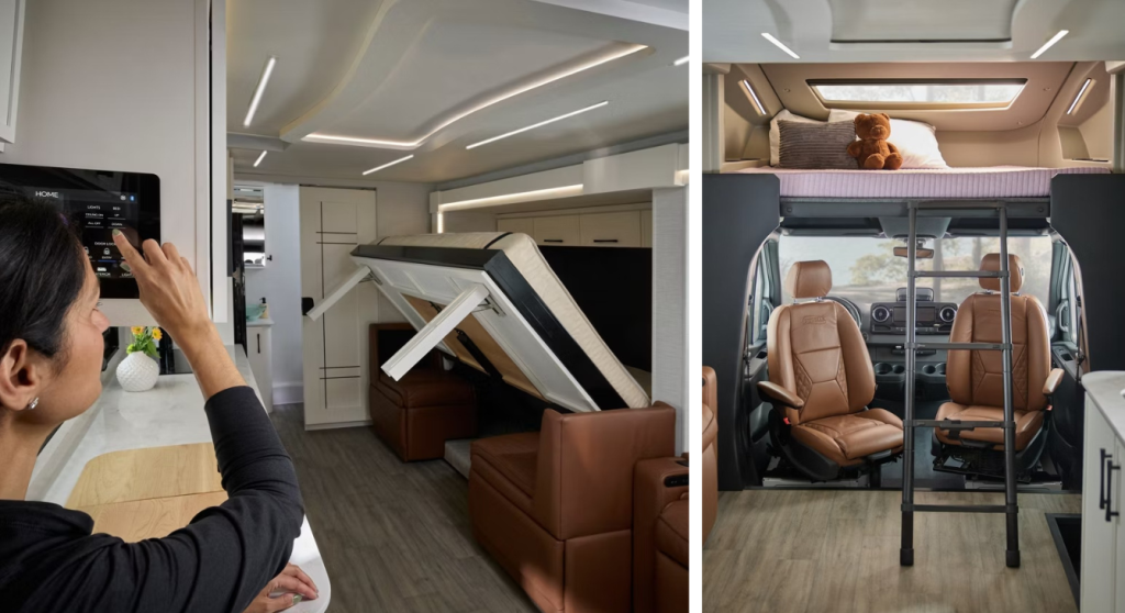 A split image of a woman pushing a button to fold up the bed inside the Newmar Freedom Aire motorhome on the left and the cockpit with a front bunk bed on the right.