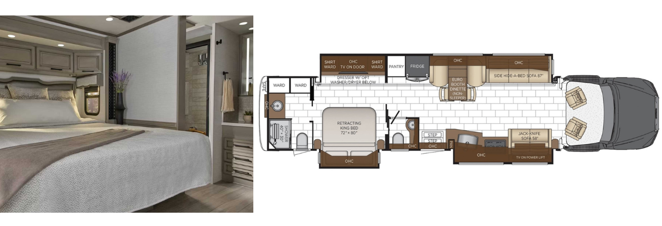 A split image of the bedroom in the Newmar Summit Aire motorhome on the left and the floor plan on the right.