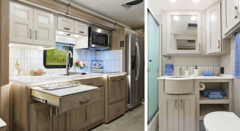A split image of the Thor Motor Coach interior Kitchen and Bathroom.