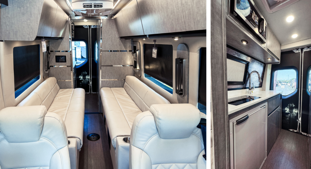 A split image showing the interior of the Tiffin GT1 with an image of the seating area on the left and an image of the kitchen on the right.