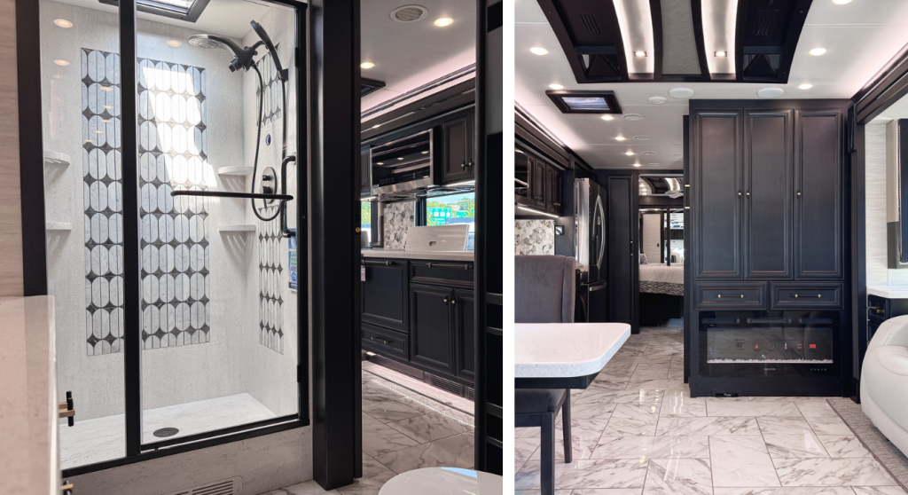 Split image of the bathroom and living area in the 2026 Tiffin Allegro.