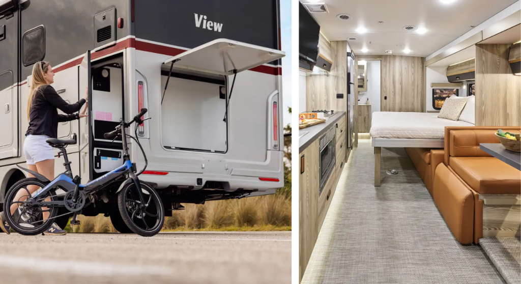 Split image of a couple loading bikes into the rear storage of the view on the left and the interior on the right.