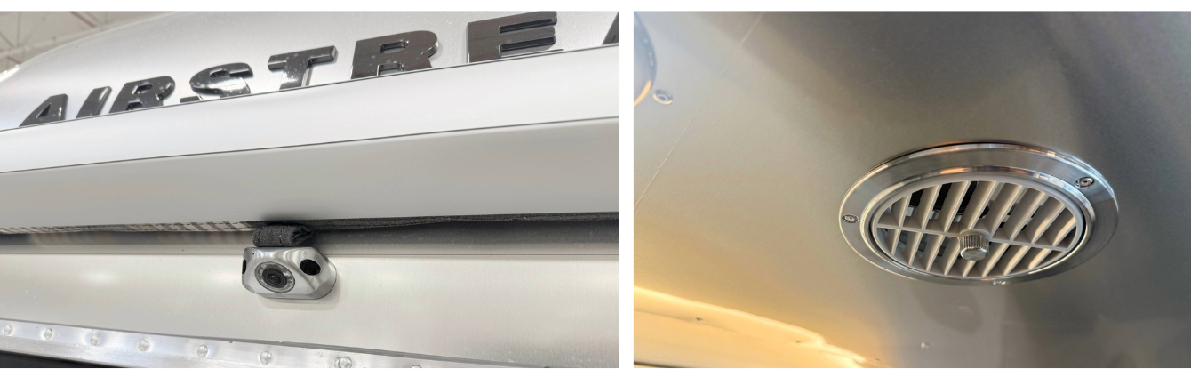 A split image showing the 2026 Airstream new backup camera on the left and A/C vent on the right.