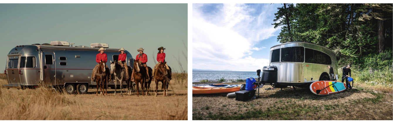 A split image of the 2026 Airstream parked at the desert on the left and the beach on the right.