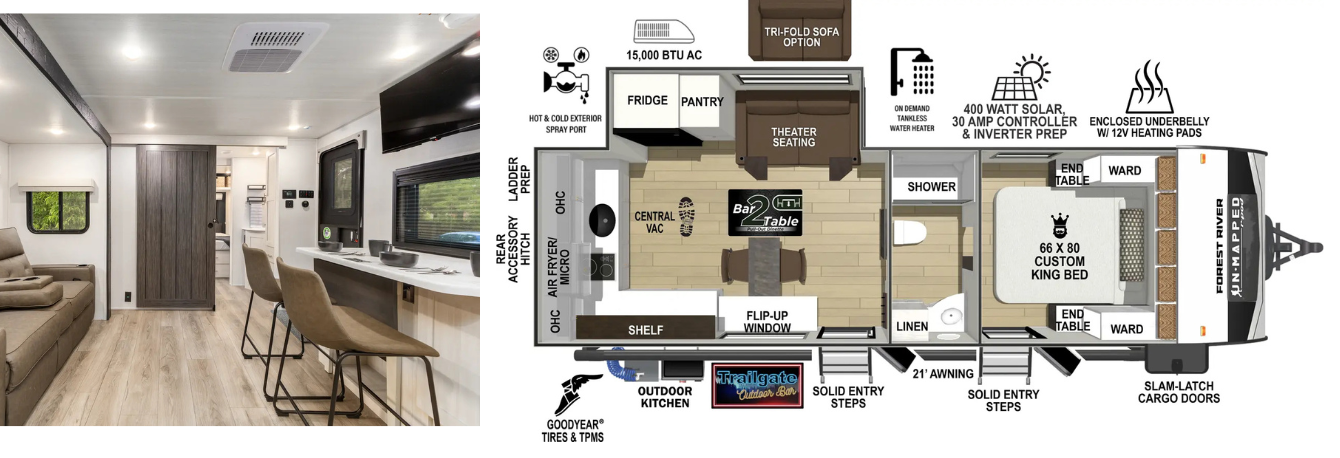 A split image of the 2026 Forest River Un-Mapped 24RK interior on the left and the floorplan on the right.