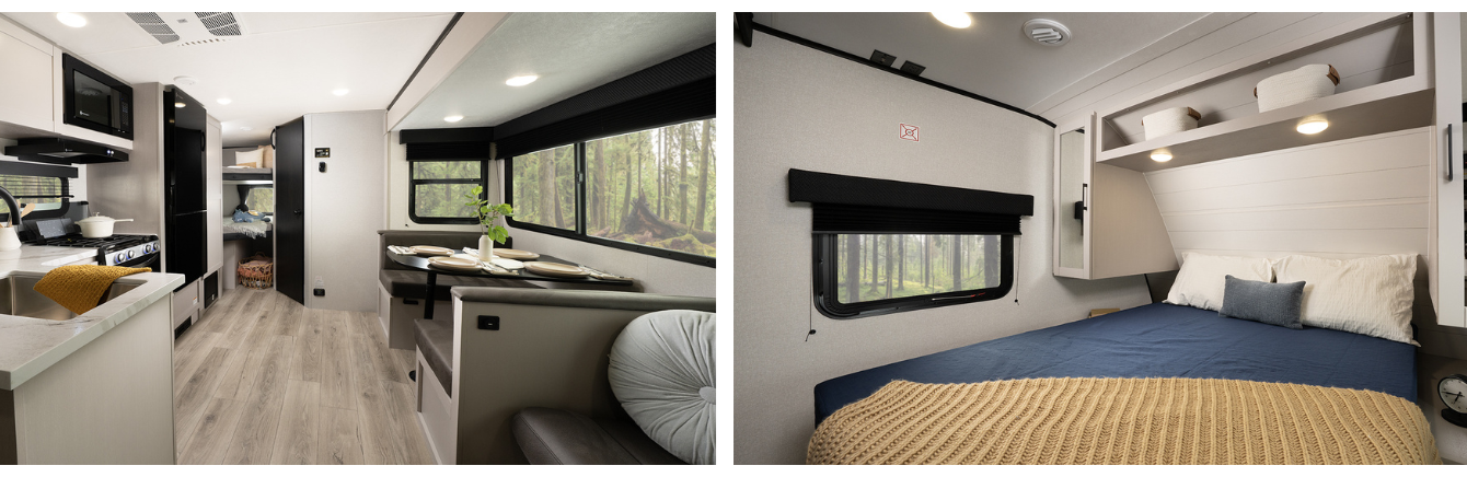 A split image of the interior for the 2026 Jayco Jay Feather SL on the left and the bedroom on the right. 