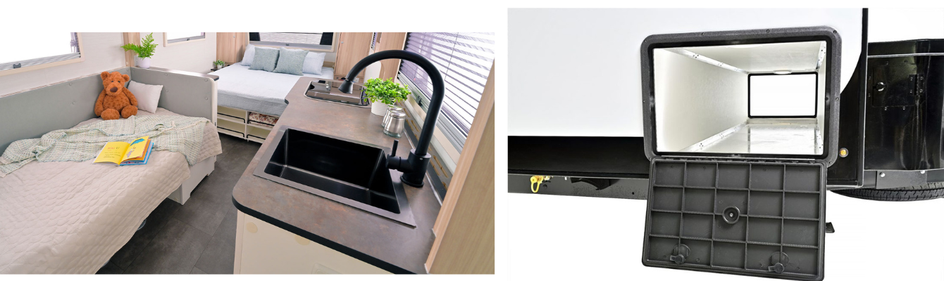 A split image showing the 2026 Nu camp Haven 220 interior with a couch, spacious sleeping area, and kitchen on the left and the storage area on the left. 