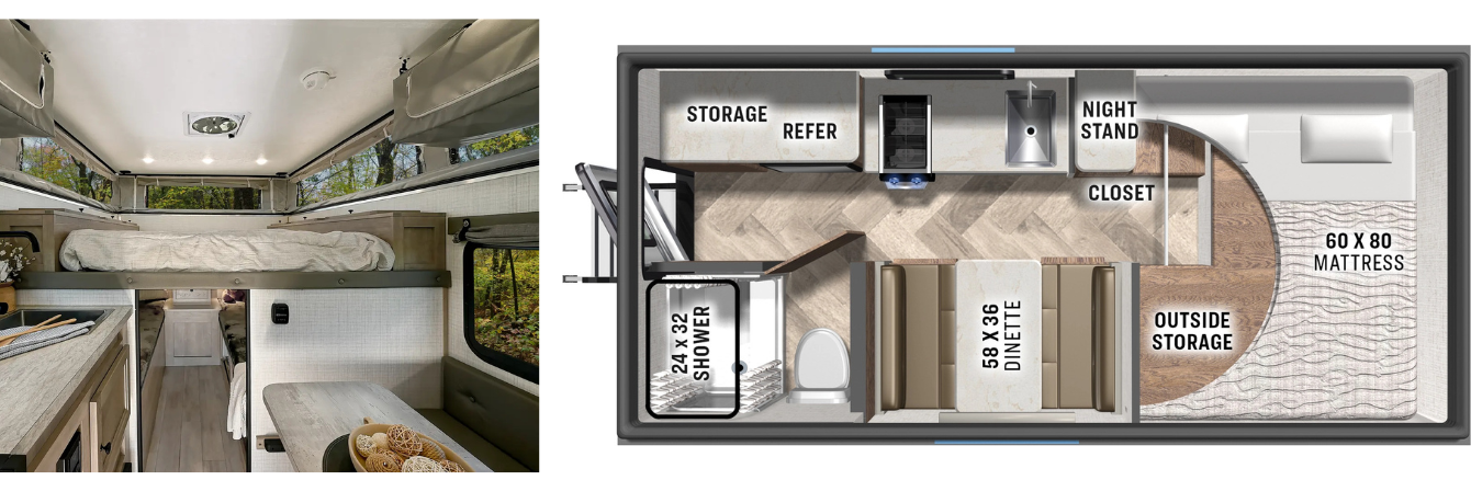 A split image of the 2026 Palomino OVE 15.3 interior sink and sleeping area on the left and the floorplan on the right.