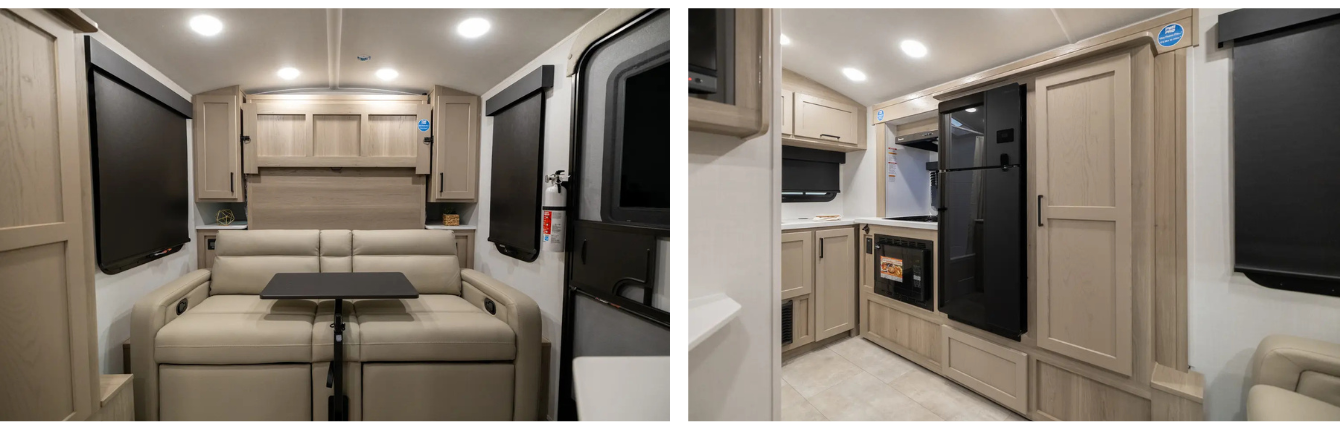 A split image of the interior in the 2026 Rockwood Geo Pro 15FBS showing the kitchen on the left and the seating area on the right.