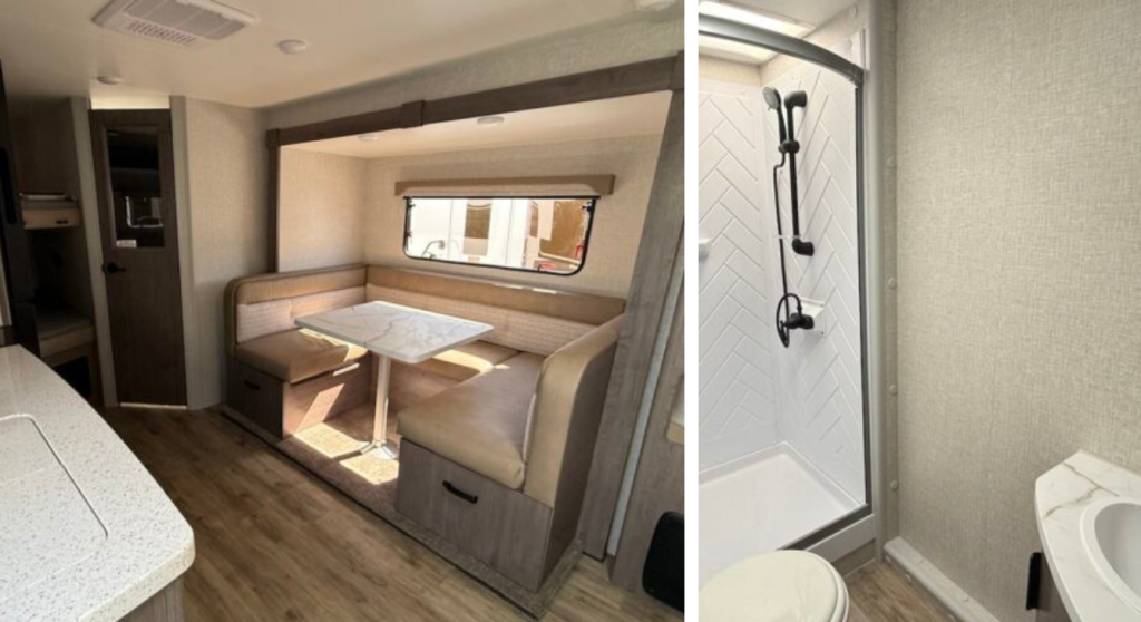 A split image of the 2026 Lance Evolve 1965 interior kitchen on the left and bathroom on the right.