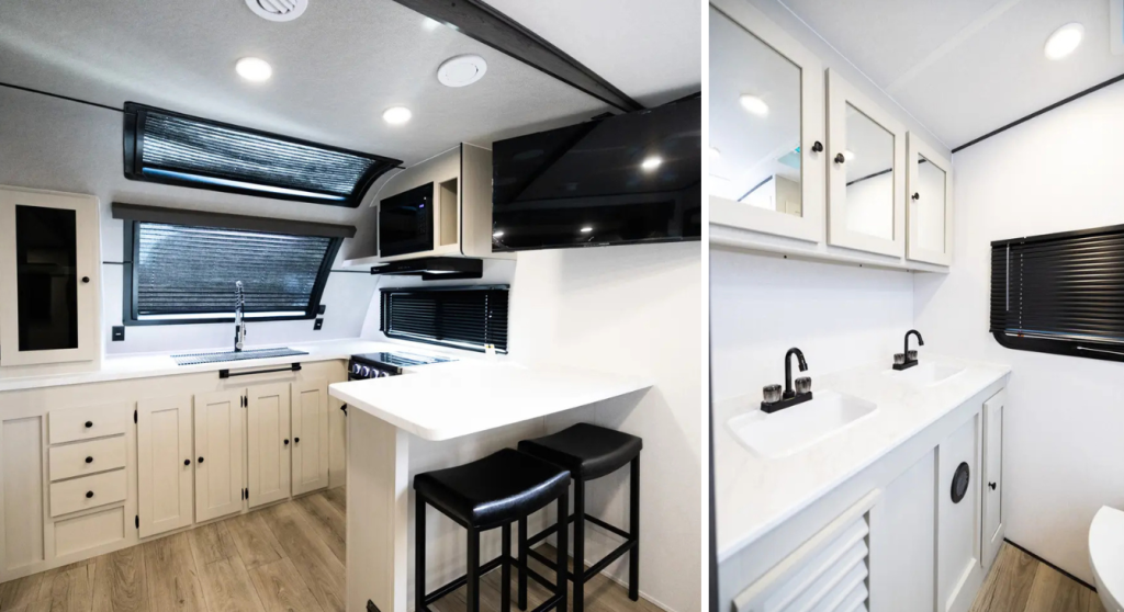 A split image of the interior kitchen and bathroom in the Northern Spirit trailer.