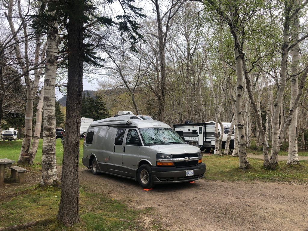 A silver camper van parked at a wooded campsite surrounded by tall birch and evergreen trees, with additional RVs visible in the background.