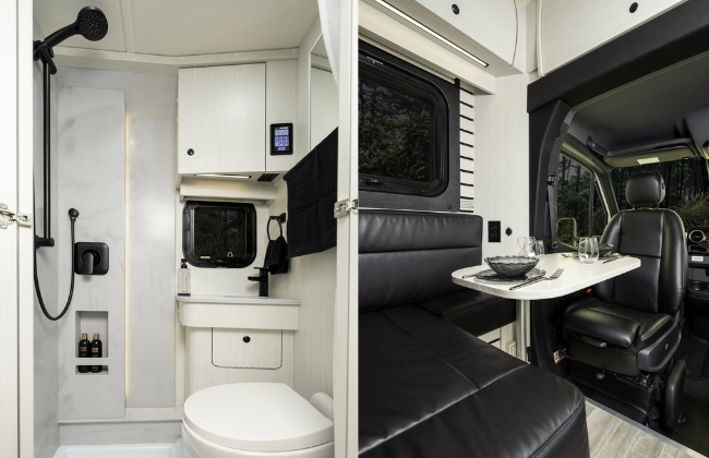 Interior views of the 2026 Pleasure-Way Plateau XLRB showing the compact bathroom and front lounge area.