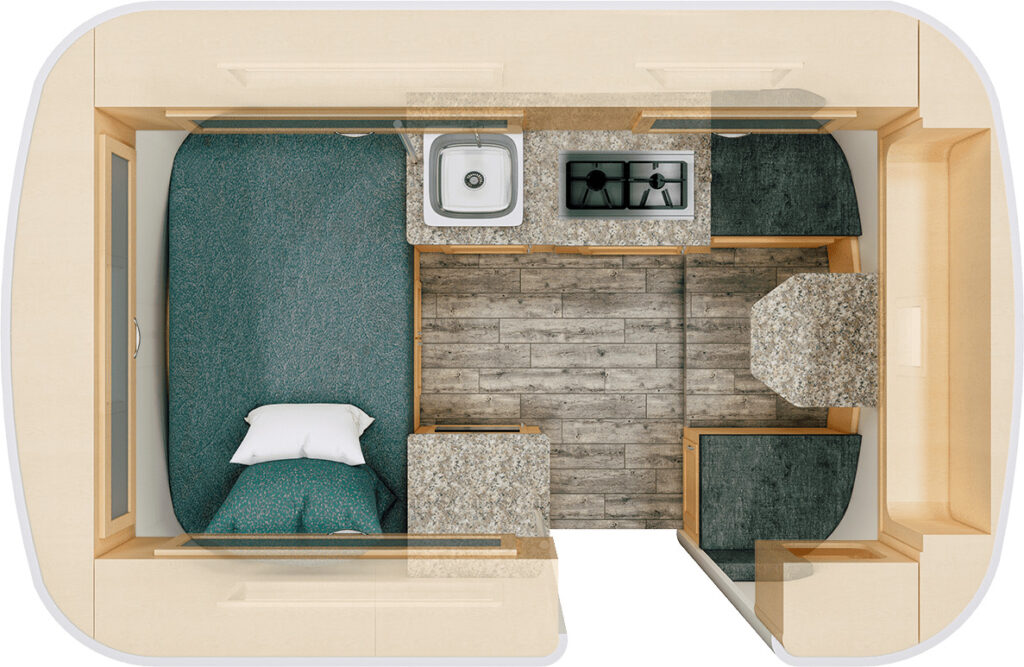 Escape E13 travel trailer floor plan layout.