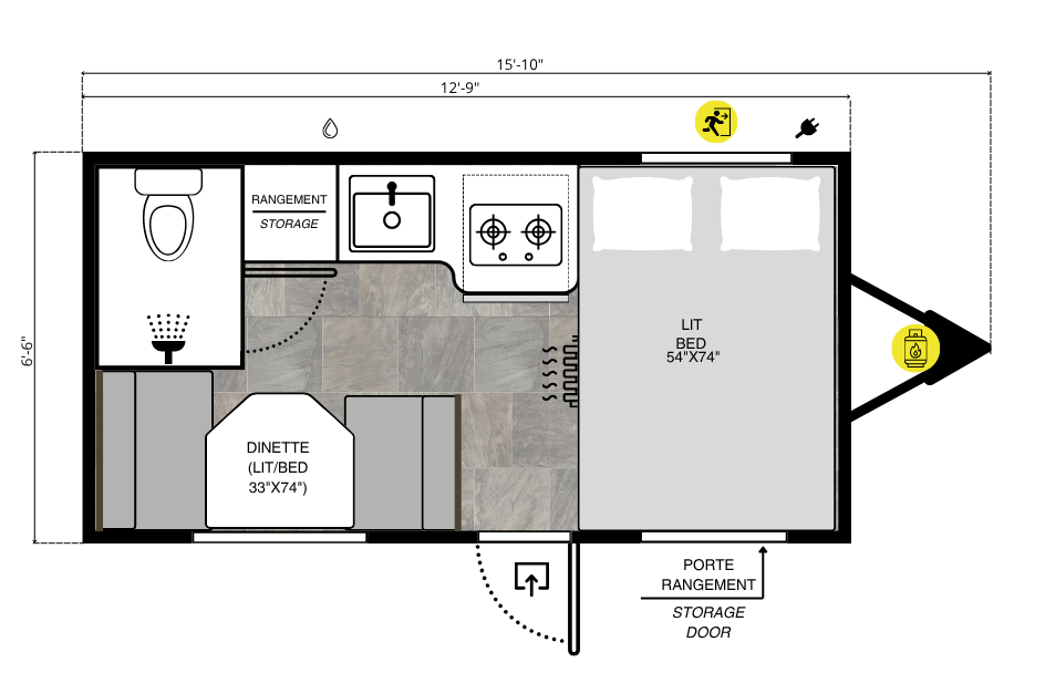 Floor plan layout of the Prolite Lounge Eco trailer showing sleeping, dining and kitchen areas.
