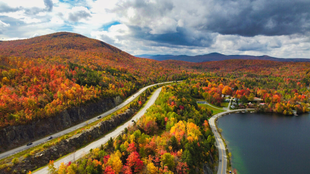 Scenic Quebec road through Eastern Townships autumn foliage